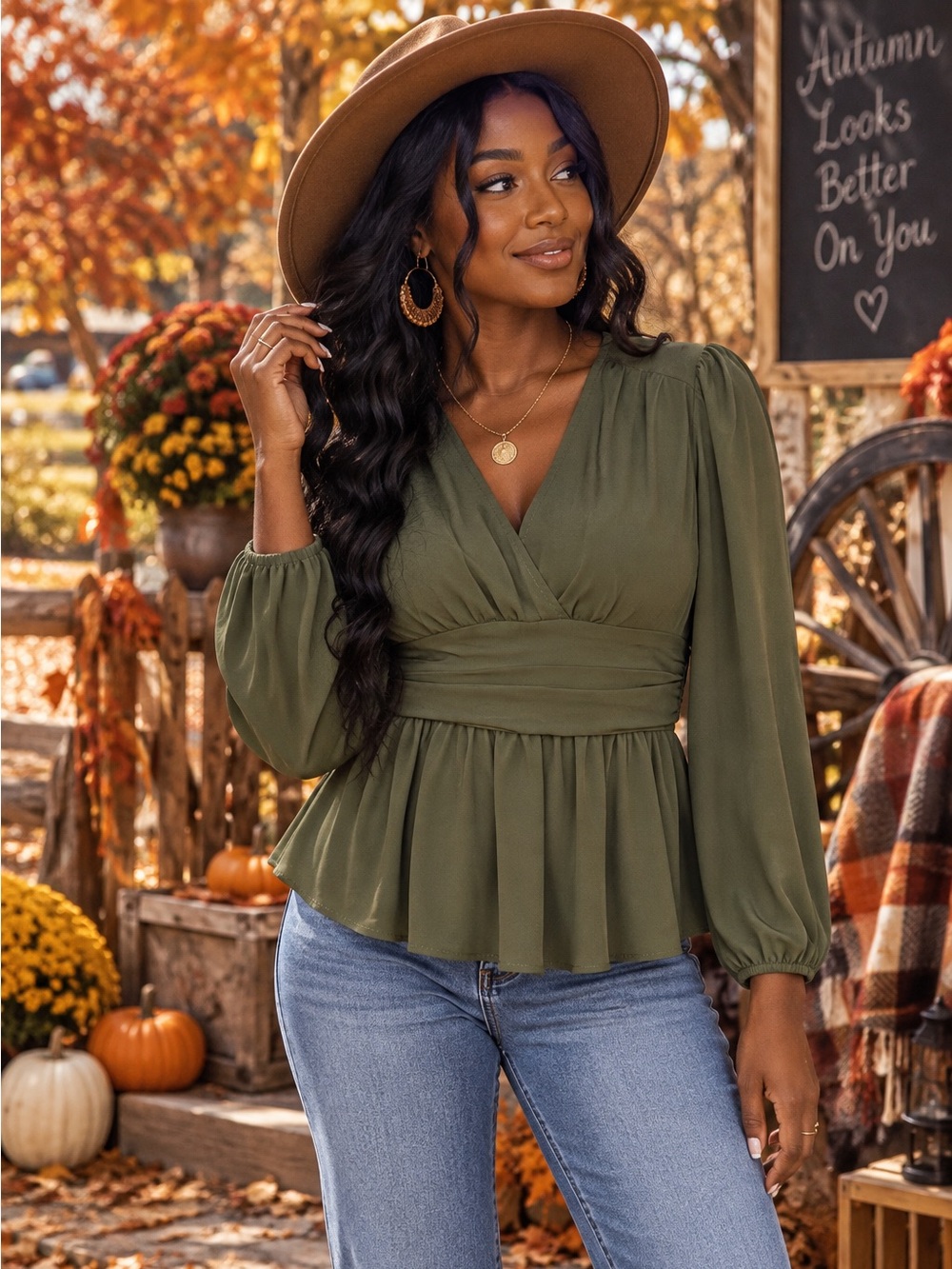 SHEIN Olive Green Surplice Peplum Blouse – Size L